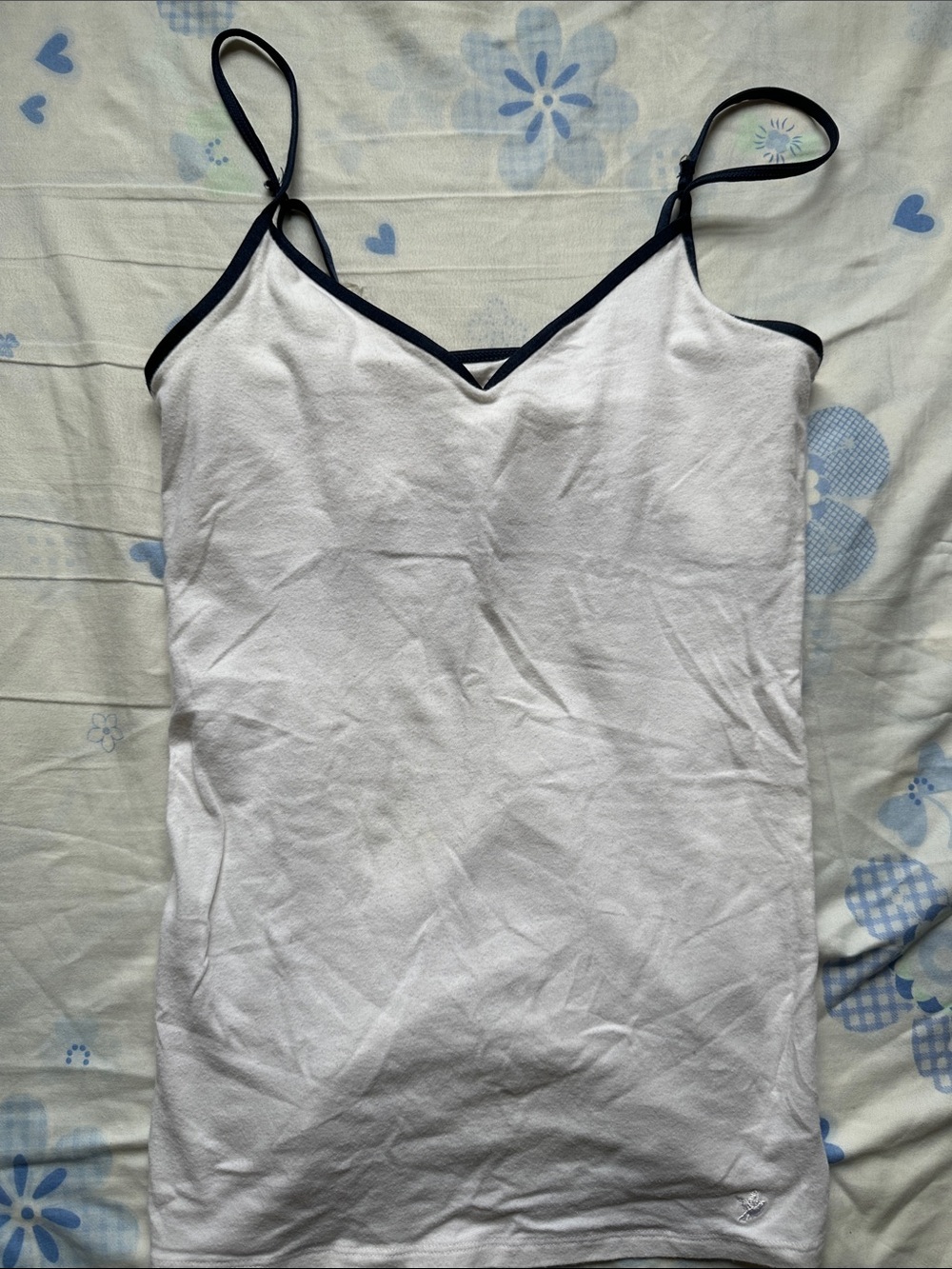 aerie White Tank Cami with Navy Blue Trim w/unpadded bra